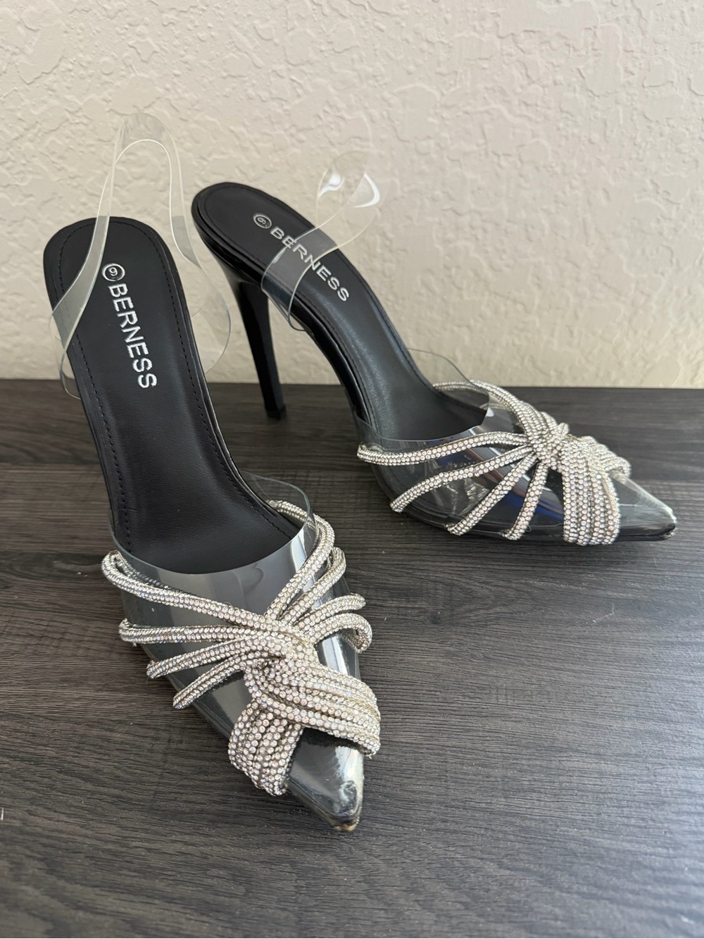 BERNESS Silver Crystal-Embellished Pointed Slingback Heels